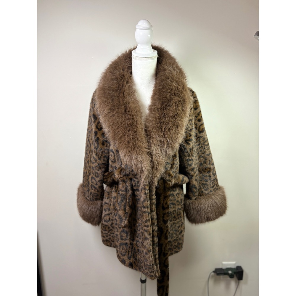 Leopard Print Faux Fur Trim Belted Wrap Coat Brown One Size Glam Retro